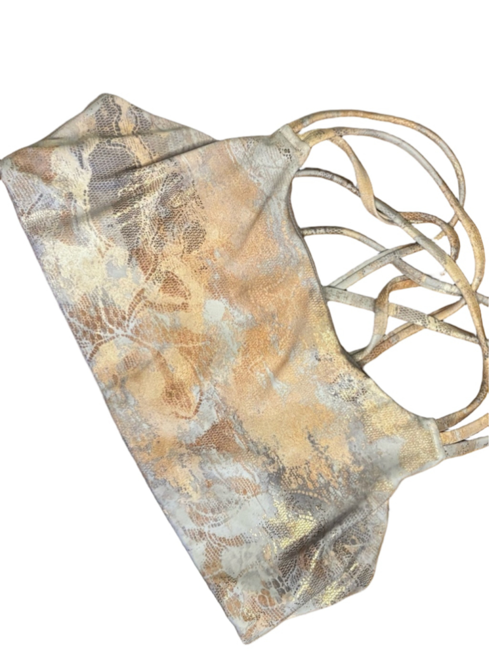 Athleta Sports Bra Gray Gold Metallic Snakeskin Strappy Cage Back Medium